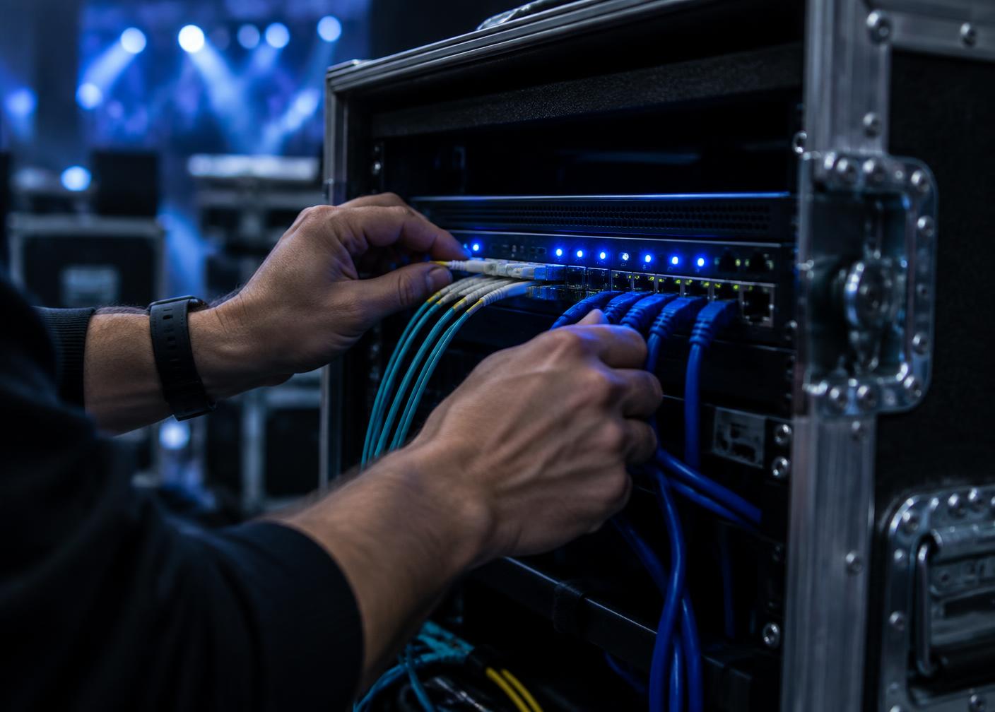 Engineer connecting fiber in an event network rack