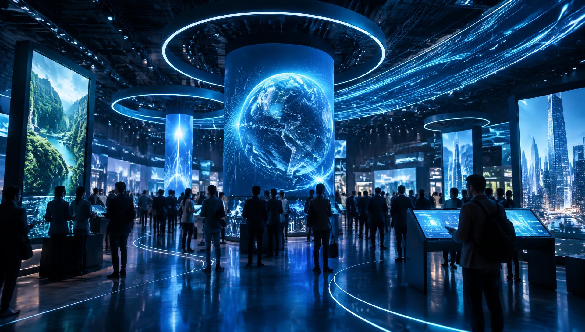 Trade show floor with glowing digital signage